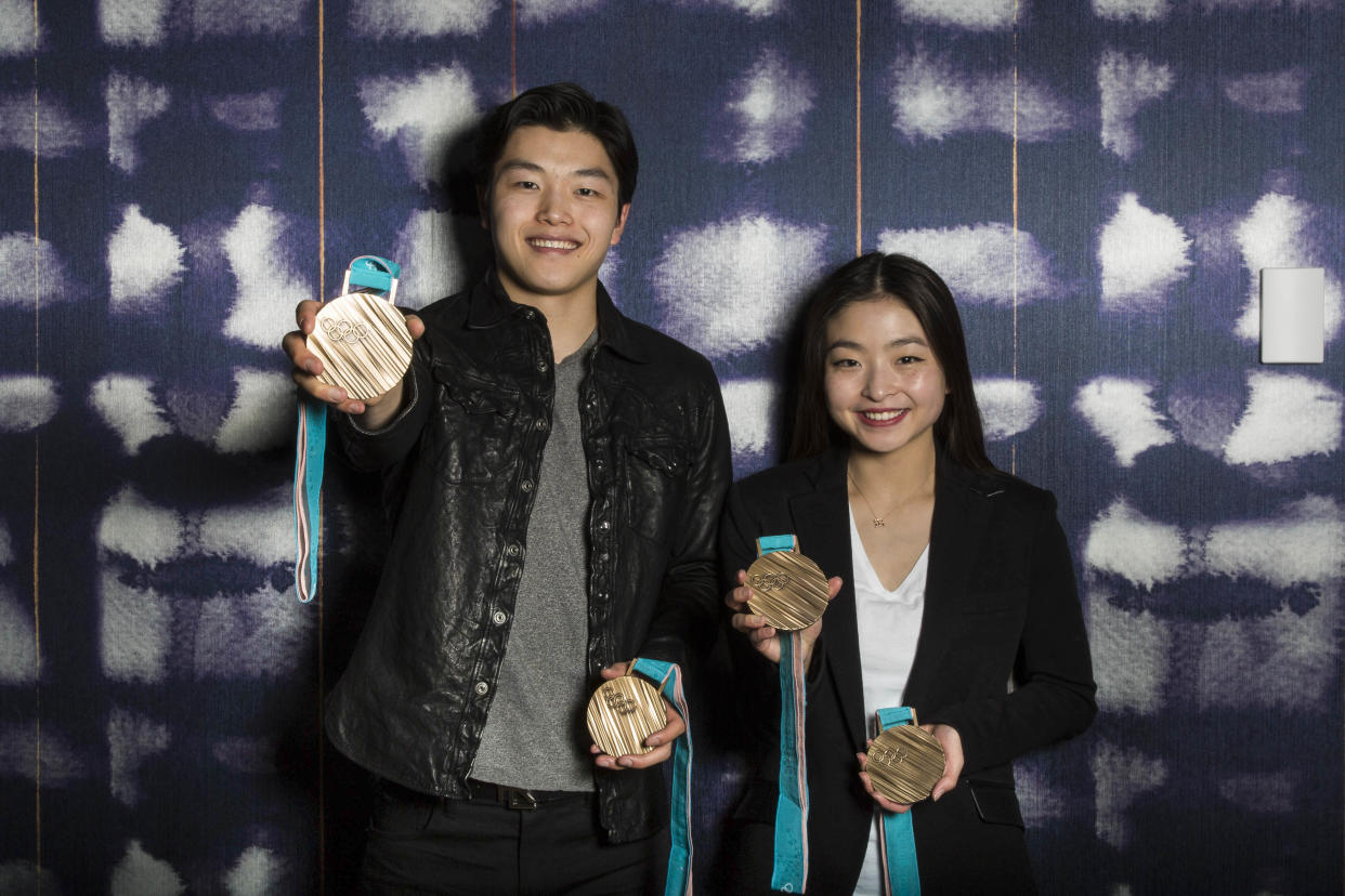 Alex and Maia Shibutani with their bronze medals from the Winter Games in Pyeongchang, South Korea. (Photo: Gabriela Landazuri Saltos HuffPost)