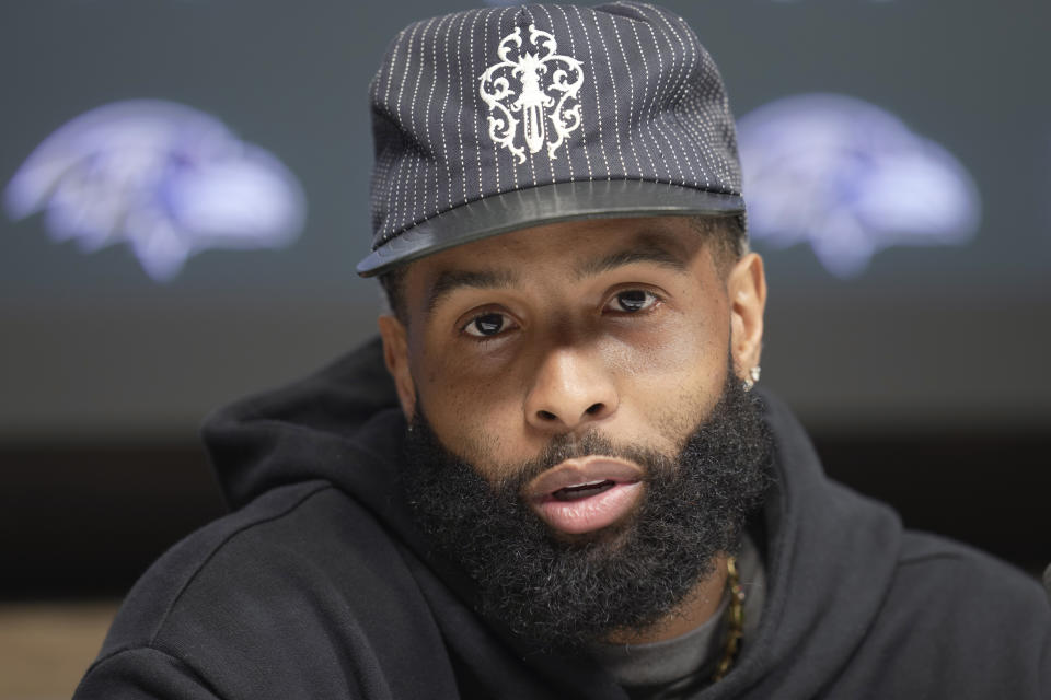 Baltimore Ravens wide receiver Odell Beckham Jr. attends a press conference after an NFL practice session in London, Thursday, Oct. 12, 2023 ahead the NFL game against Tennessee Titans at the Tottenham Hotspur Stadium on Sunday. (AP Photo/Kin Cheung)