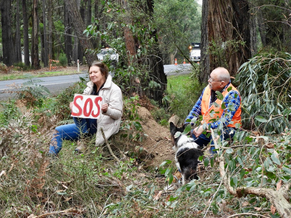 Graeme Wilson and a woman holding an SOS sign sitting at the side of the highway. There is also a dog next to Graeme.