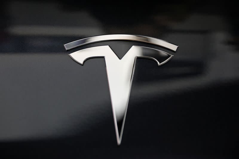 A Tesla logo is seen in Los Angeles