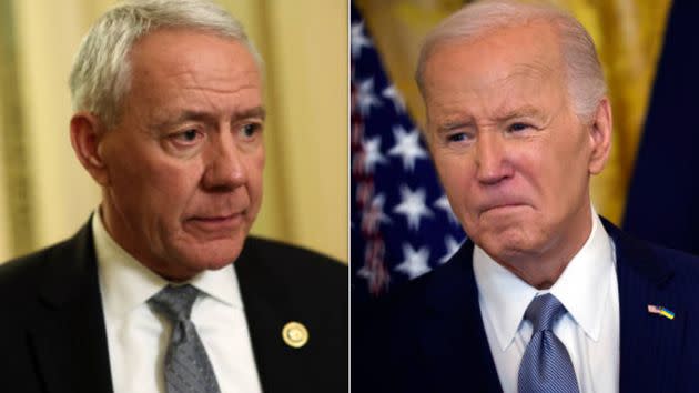 Rep. Ken Buck (R-Colo.), left, seeks the removal of President Joe Biden.