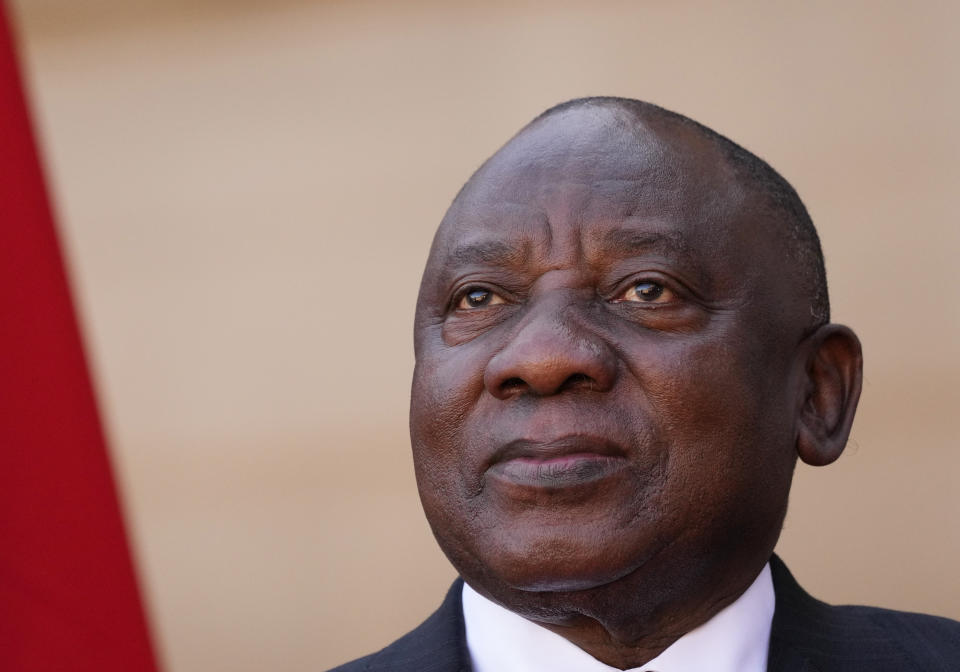 South Africa President Cyril Ramaphosa looks on during a joint media conference with German Chancellor Olaf Scholz at the Union Building in Pretoria, South Africa, Tuesday, May 24, 2022. (AP Photo/Themba Hadebe)