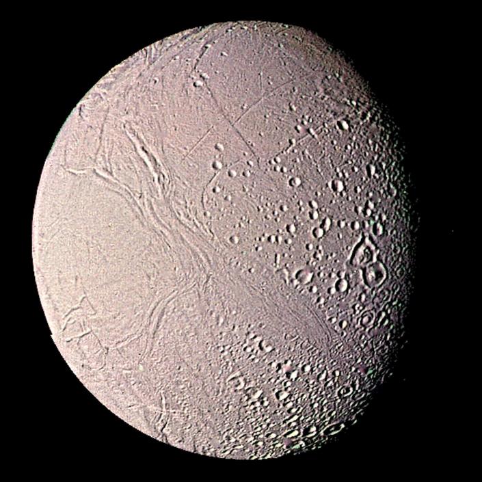 Encheladus, Saturn's moon, seen in unprecedented detail by Voyager.