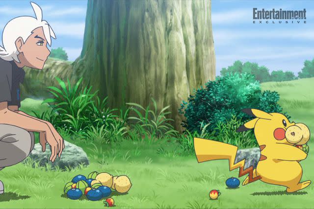 <p>The Pokémon Company International</p> Pikachu running away with berries in 'Pokémon Horizons: The Series'