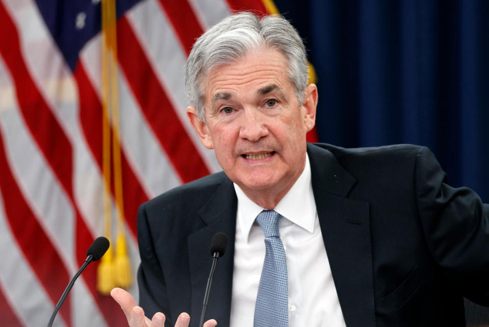 FILE- In this March 21, 2018, file photo, Federal Reserve Chairman Jerome Powell speaks following the Federal Open Market Committee meeting in Washington. The Federal Reserve releases minutes from the March meeting of its policymakers on Wednesday, April 11. (AP Photo/Carolyn Kaster, File)