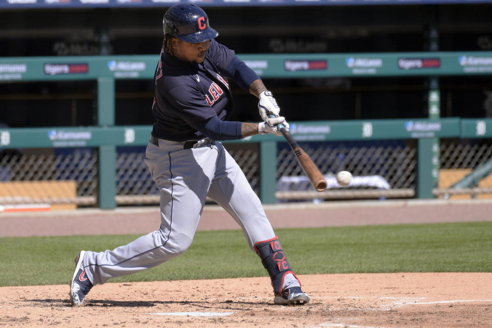 Cleveland Indians' Jose Ramirez bats against the Detroit Tigers in the fourth inning of a baseball game, Sunday, Sept. 20, 2020, in Detroit. (AP Photo/Jose Juarez)