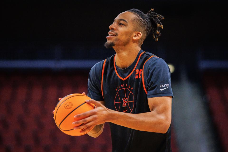 Mar 23, 2023; Louisville, KY, USA; Princeton Tigers forward Tosan Evbuomwan (20) shoots the ball during practice for the NCAA Tournament South Regional game at KFC YUM! Center. Mandatory Credit: Jordan Prather-USA TODAY Sports