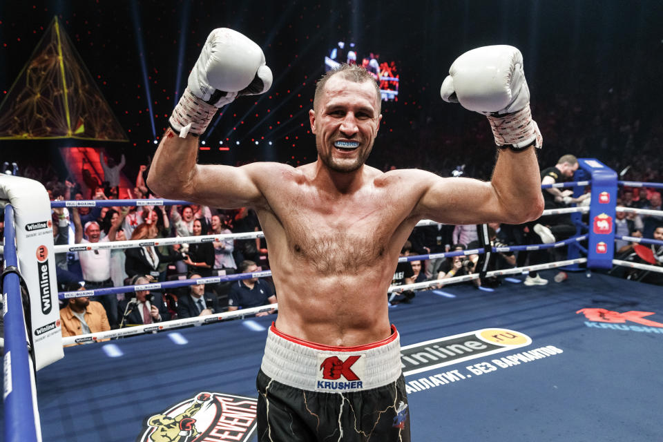 FILE - In this Saturday, Aug. 24, 2109 file photo, Sergey Kovalev of Russia celebrates after defeating Anthony Yarde of Britain during their WBO light heavyweight title bout in Chelyabinsk, Russia. Sergey Kovalev will fight Canelo Alvarez, Saturday, Nov. 2, 2019 at the MGM Grand in Las Vegas. (AP Photo/Anton Basanaev, File)