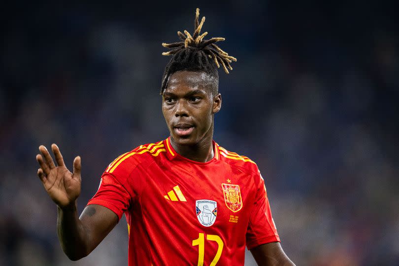 Nico Williams of Spain looks on  during the UEFA EURO 2024 group stage match between Spain and Italy at Arena AufSchalke on June 20, 2024 in Gelsenkirchen, Germany.