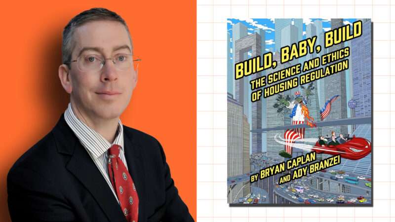 Bryan Caplan alongside the cover of his new book "Build, Baby, Build"