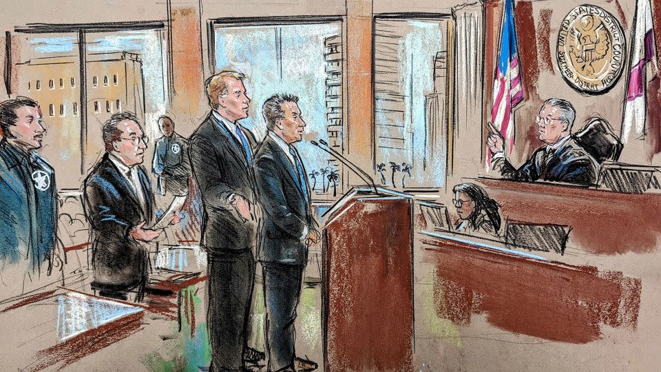 This court sketch shows Carlos De Oliveira and his lawyer at the James L. King Federal Courthouse in Miami on July 31, 2023. - William Hennessy Jr.