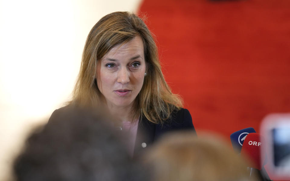 The Parliamentary State Secretary in the German Federal Ministry of Defense Siemtje Moeller speaks with the media as she arrives for a meeting of EU Defense Ministers at the Prague Congress Center in Prague, Czech Republic, Tuesday, Aug. 30, 2022. (AP Photo/Petr David Josek)