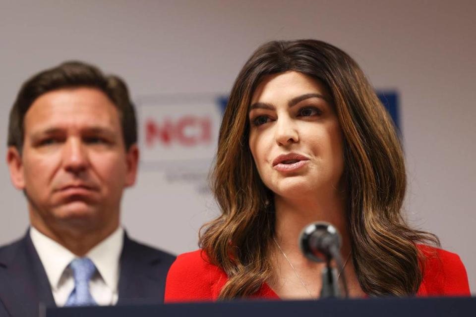 Florida First Lady Casey DeSantis, a breast cancer survivor, speaks about her cancer battle during a press conference Tuesday, May 17, 2022, at the Don Soffer Clinical Research Center at the University of Miami. Gov. DeSantis announced the new state budget will contain $100 million for cancer research and treatments at Sylvester Comprehensive Cancer Center at UM, Tampa’s H. Lee Moffitt Cancer Center and Research Institute, and the University of Florida Health System’s Shands Cancer Hospital in Gainesville