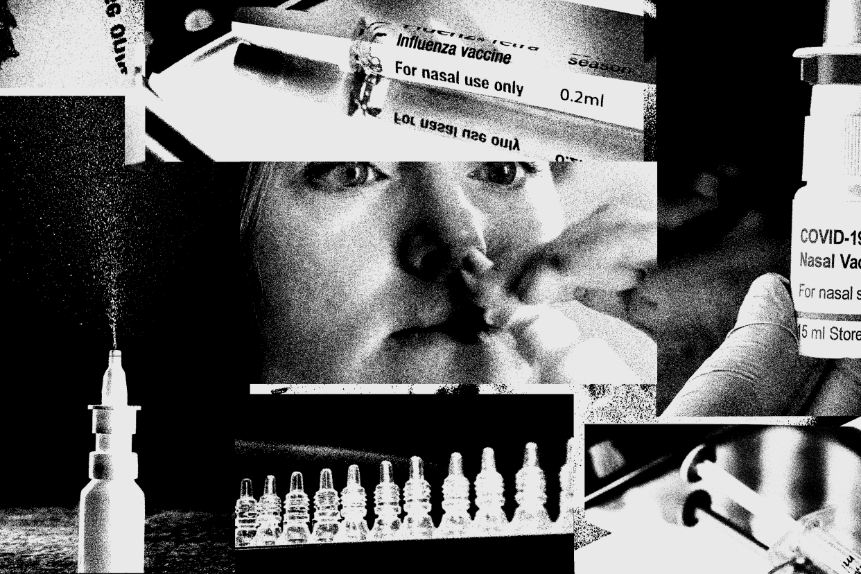 A collage of black-and-white images of nasal sprays, a syringe and a person using a nasal spray.