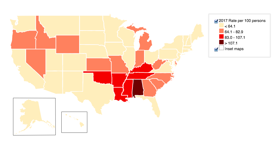 En 2017, Alabama tuvo la tasa más alta de prescripciones de opioides (Gráfico: Cortesía de CDC).