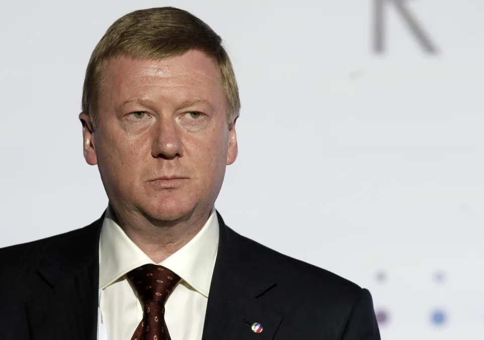 FILE - Rusnano corporation chief Anatoly Chubais looks on at a Nanotechnology Forum in Moscow, Russia, Oct. 6, 2009. The resignation of Chubais, who was President Vladimir Putin's envoy to international organizations for sustainable development, was not the first resignation of a state official over the war with Ukraine, but it was one of the most striking. (AP Photo, File)
