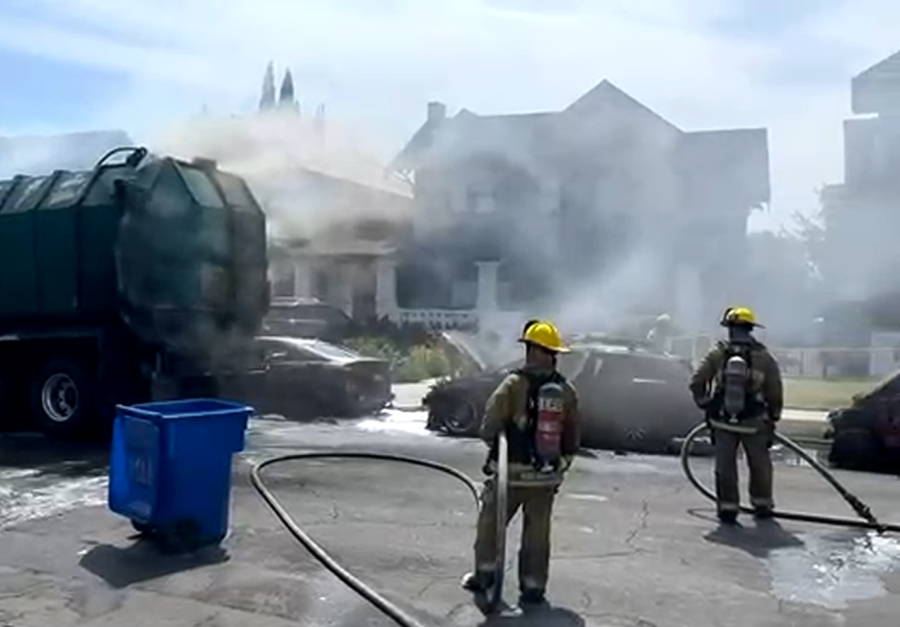 Cars charred after fire erupts in SoCal trash truck