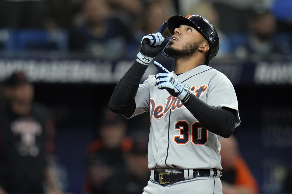 Detroit Tigers' Harold Castro (30) celebrates after his solo home run off Tampa Bay Rays relief pitcher Andrew Kittredge during the ninth inning of a baseball game Monday, May 16, 2022, in St. Petersburg, Fla. (AP Photo/Chris O'Meara)