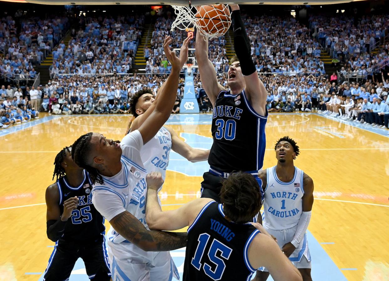 Duke won last year's game in Chapel Hill. Will the Tar Heels get revenge on Saturday? (Grant Halverson/Getty Images)