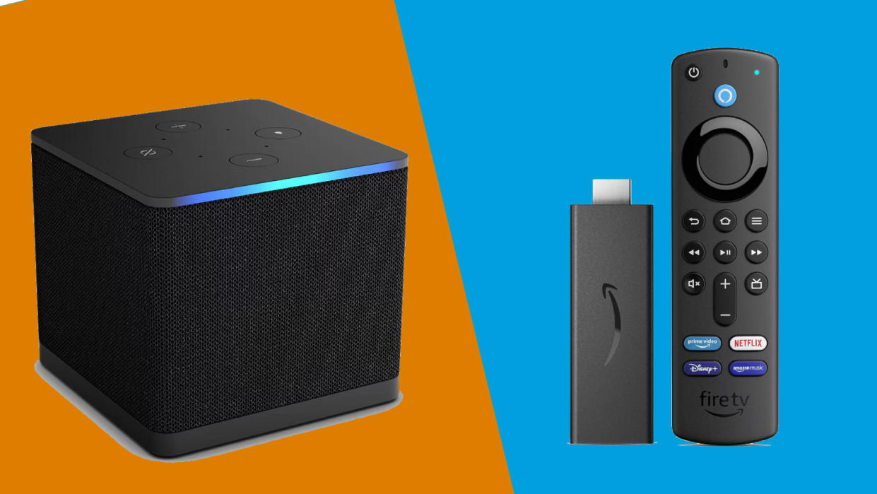  The Amazon Fire TV Cube over an orange background and the Fire TV Stick over a blue background. 