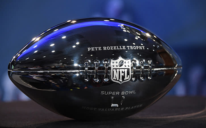 Feb 6, 2017; Houston, TX, USA; A general view of the Pete Rozelle trophy awarded to the Super Bowl most valuable player at the George R. Brown Convention Center. Mandatory Credit: Kirby Lee-USA TODAY Sports