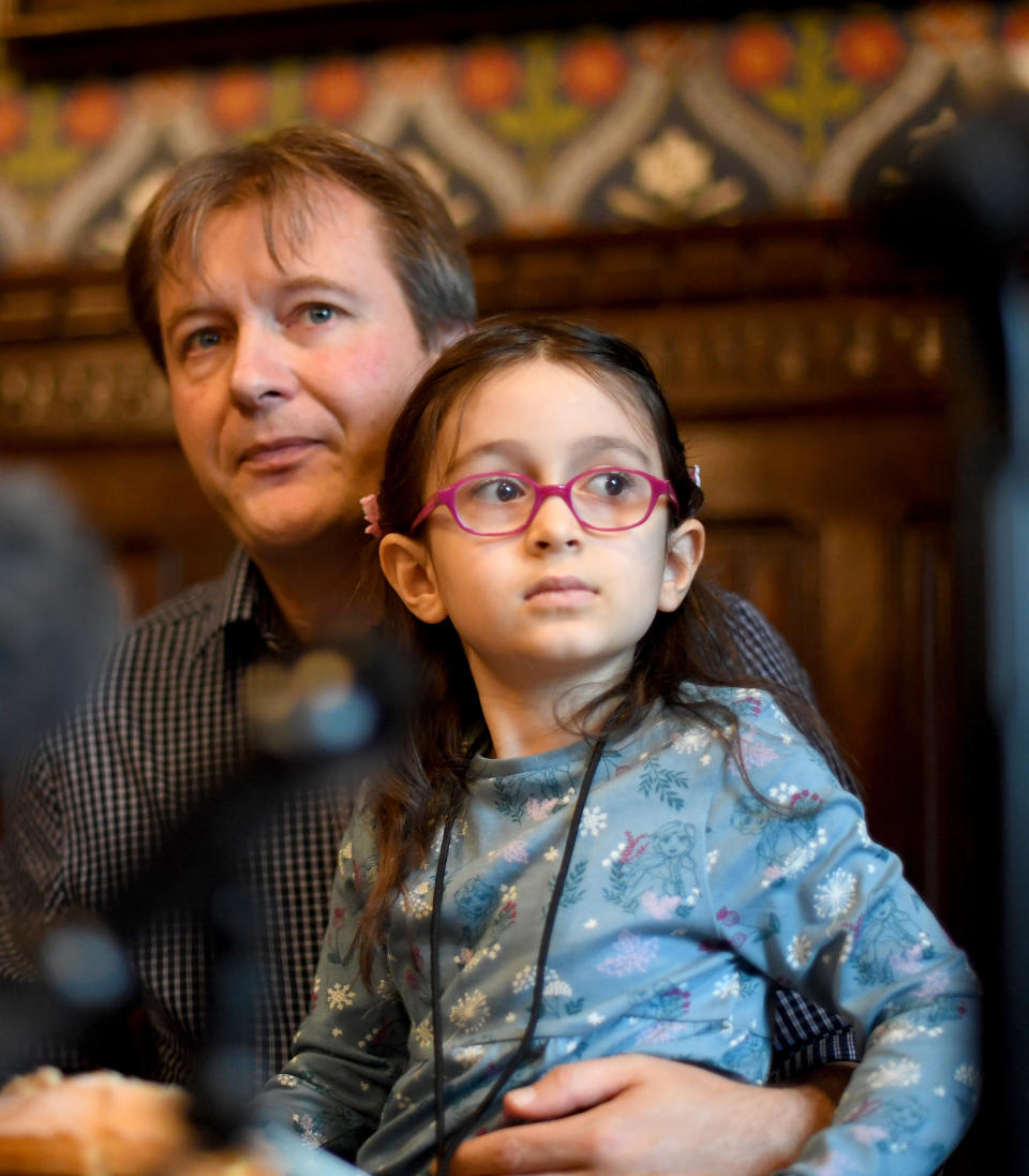 Richard Ratcliffe, with his five-year-old daughter Gabriella Zaghari-Ratcliffe, speaks during a press conference in the Jubilee Room at the Houses of Parliament in Westminster, following Gabriella's return to the UK so she can attend school.