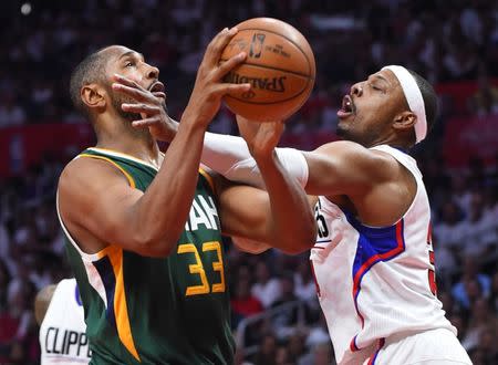 Apr 30, 2017; Los Angeles, CA, USA; Los Angeles Clippers forward Paul Pierce (34) fouls Utah Jazz center Boris Diaw (33) in the second period of game seven of the first round of the 2017 NBA Playoffs at Staples Center. Mandatory Credit: Jayne Kamin-Oncea-USA TODAY Sports