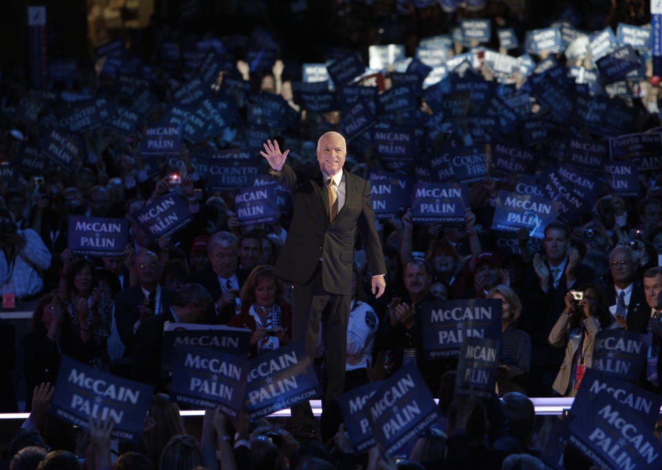 <p>Republican presidential candidate John McCain acknowledges the crowed as he goes on stage at the Republican National Convention in St. Paul, Minn., Sept. 4, 2008. (Photo: Paul Sancya/AP) </p>