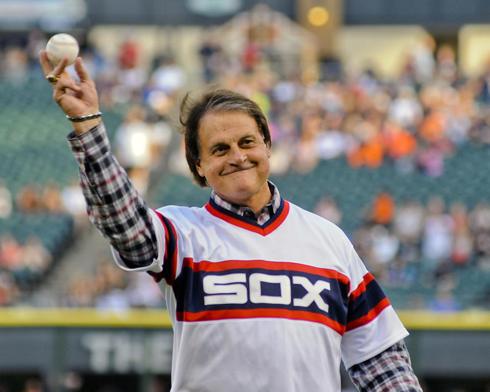 FILE - In this Aug. 30, 2014, file photo, former Chicago White Sox manager Tony La Russa throws out a ceremonial first pitch before the second baseball game of a baseball doubleheader against the Detroit Tigers in Chicago. Tony La Russa felt fortunate. The Chicago White Sox gave the Hall of Famer the opportunity to manage again despite a lengthy absence from the dugout and stuck with him after news of a drunken driving arrest broke shortly after his hiring. (AP Photo/Matt Marton, File)