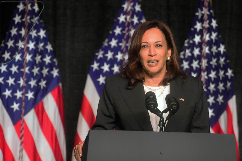 FILE - Vice President Kamala Harris speaks at a dinner for the South Carolina Democratic Party on June 10, 2022, in Columbia, S.C. (AP Photo/Meg Kinnard, File)