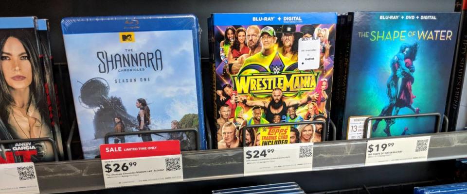 Honolulu - May 29, 2018:  Rows of Blu-Ray on display at Best Buy featuring movies Shannara, WrestleMania, The Shape of Water, Proud Mary, and Molly's Game.