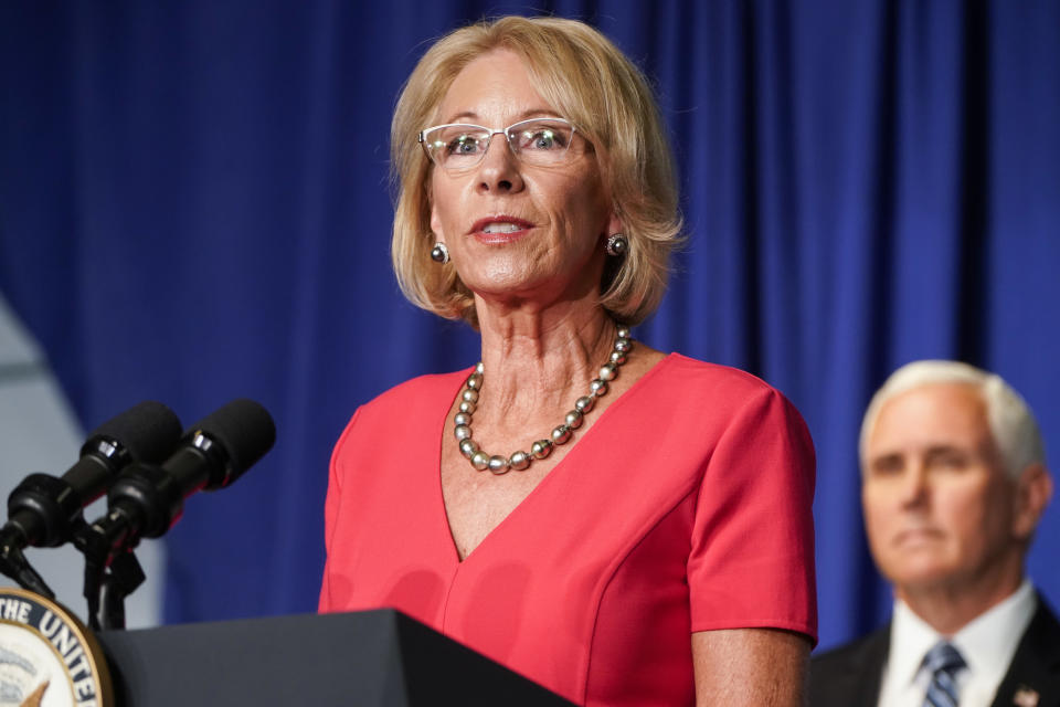 Betsy DeVos, U.S. secretary of education, speaks during a White House Coronavirus Task Force briefing at the Department of Education in Washington, D.C., U.S., on Wednesday, July 8, 2020. (Joshua Roberts/Bloomberg via Getty Images)