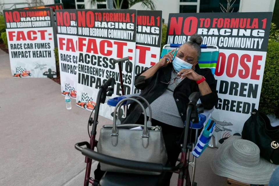 Former Miami-Dade Commissioner Betty T. Ferguson participates in a protest outside of the Shirley M. Gibson City Hall in Miami Gardens, Florida on Wednesday, April 14, 2021. Activists gathered in opposition of bringing Formula One Racing to the Hard Rock Stadium in Miami Gardens.