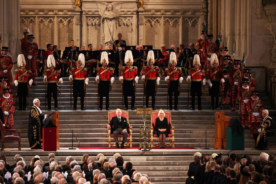 King Charles III and Britain's Camilla, Queen Consort attend the presentation of Addresses by both Houses of Parliament in Westminster Hall