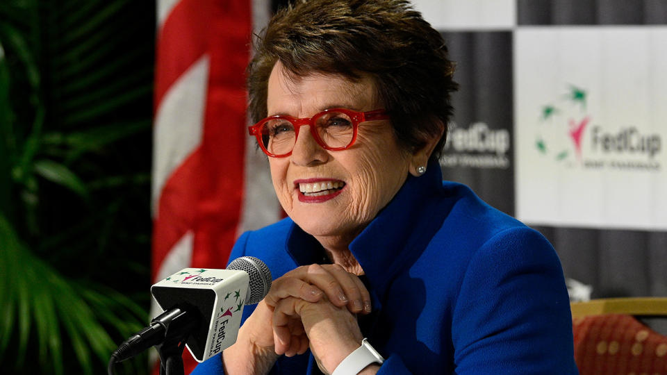 Billie Jean King, pictured here speaking to the media in 2019.