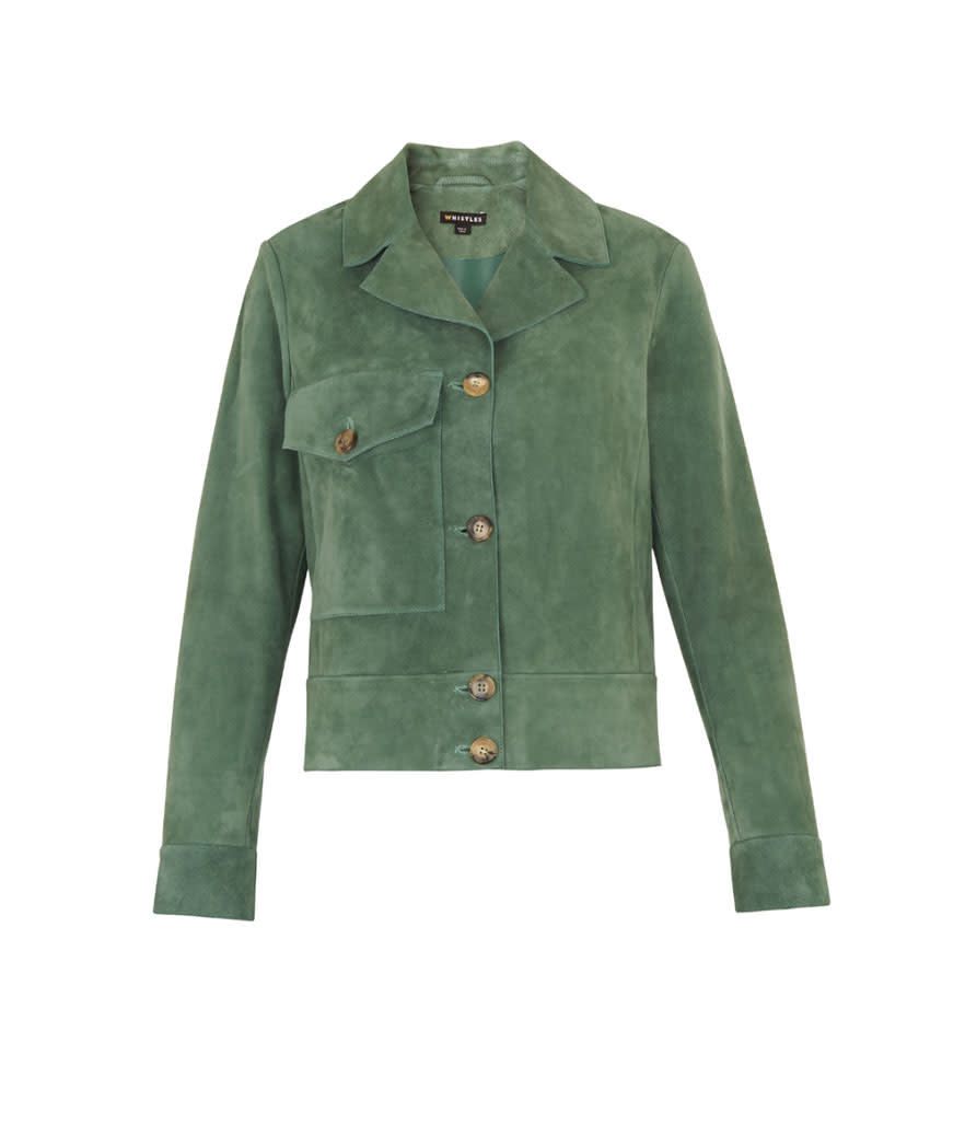 <p>Jaz Patch Pocket Jacket, $687 (on sale $410), <a rel="nofollow noopener" href="http://www.whistles.com/women/sale/limited/jaz-patch-pocket-jacket-24847.html?dwvar_jaz-patch-pocket-jacket-24847_color=Green" target="_blank" data-ylk="slk:whistles.com;elm:context_link;itc:0;sec:content-canvas" class="link ">whistles.com</a> </p>