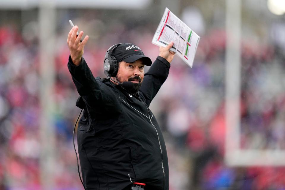 Nov 5, 2022; Evanston, Illinois, USA; Ohio State Buckeyes head coach Ryan Day reacts to a play during the first half of the NCAA football game against the Northwestern Wildcats at Ryan Field. Mandatory Credit: Adam Cairns-The Columbus Dispatch