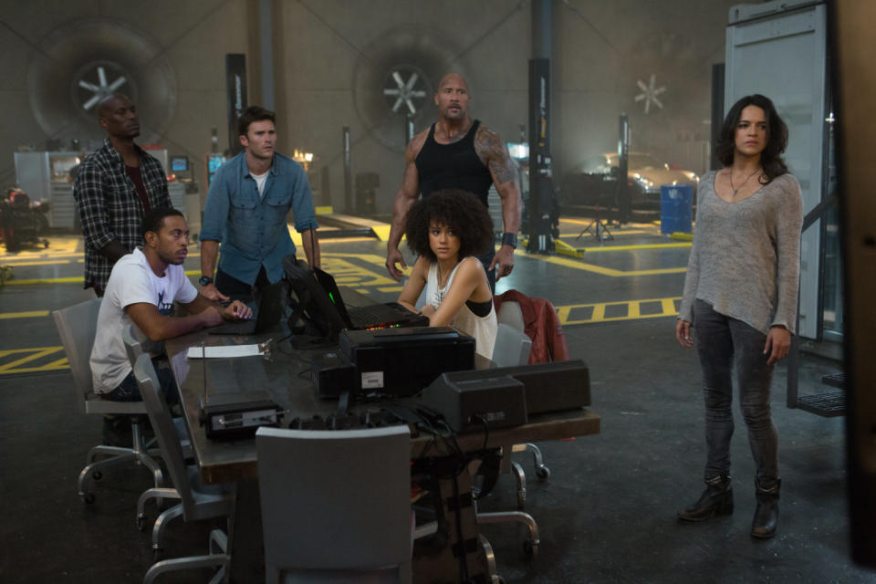 The 'Fast 8' team, L-R: Tyrese Gibson, Chris 'Ludacris' Bridges, Scott Eastwood, Dwayne 'The Rock' Johnson, Nathalie Emmanuel, Michelle Rodriguez (credit: Universal)