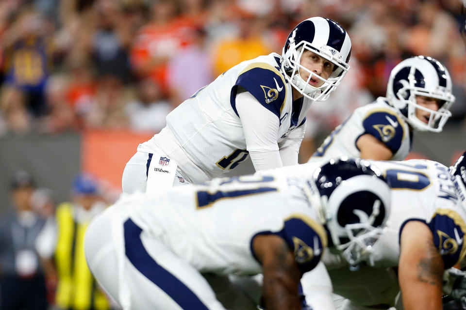 CLEVELAND, OH - SEPTEMBER 22:  Jared Goff #16 of the Los Angeles Rams calls a play at the line of scrimmage during the game against the Cleveland Browns at FirstEnergy Stadium on September 22, 2019 in Cleveland, Ohio. Los Angeles defeated Cleveland 20-13. (Photo by Kirk Irwin/Getty Images)