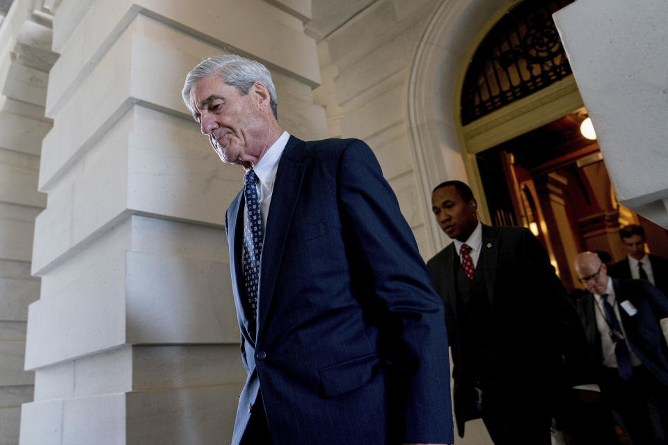 FILE - In this June 21, 2017, file photo, former FBI Director Robert Mueller, the special counsel probing Russian interference in the 2016 election, departs Capitol Hill following a closed door meeting in Washington. Lawyers for George Papadopoulos are seeking probation, saying the foreign policy adviser misled agents during a January 2017 interview not to harm an investigation but rather to "save his professional aspirations and preserve a perhaps misguided loyalty to his master." Papadopoulos is a pivotal figure in special counsel Mueller's investigation as the first Trump campaign aide to plead guilty and cooperate with prosecutors. (AP Photo/Andrew Harnik, File)