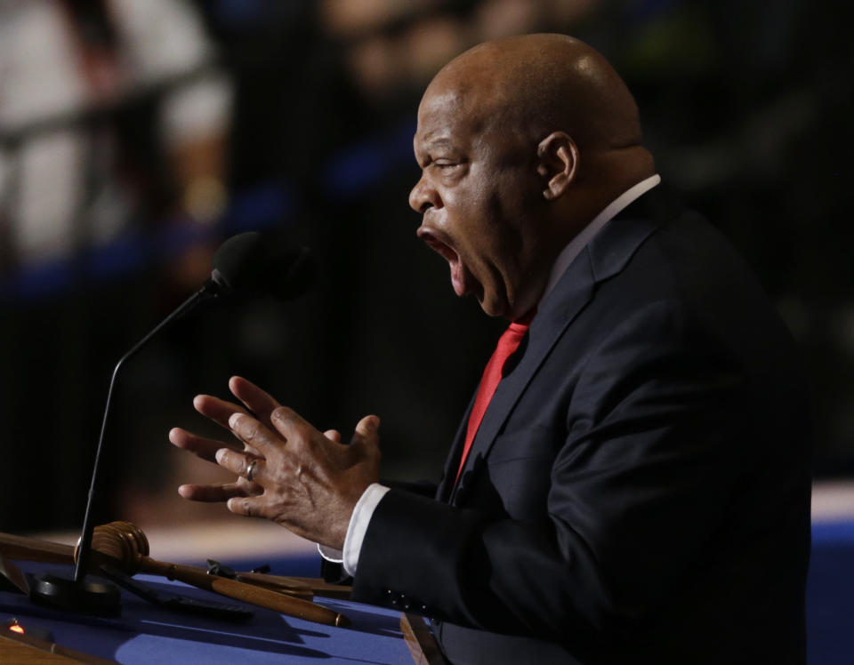 FILE - In this Sept. 6, 2012, file photo, U.S. Rep. John Lewis, of Georgia, speaks to delegates at the Democratic National Convention in Charlotte, N.C. Lewis, who carried the struggle against racial discrimination from Southern battlegrounds of the 1960s to the halls of Congress, died Friday, July 17, 2020. (AP Photo/Lynne Sladky, File)