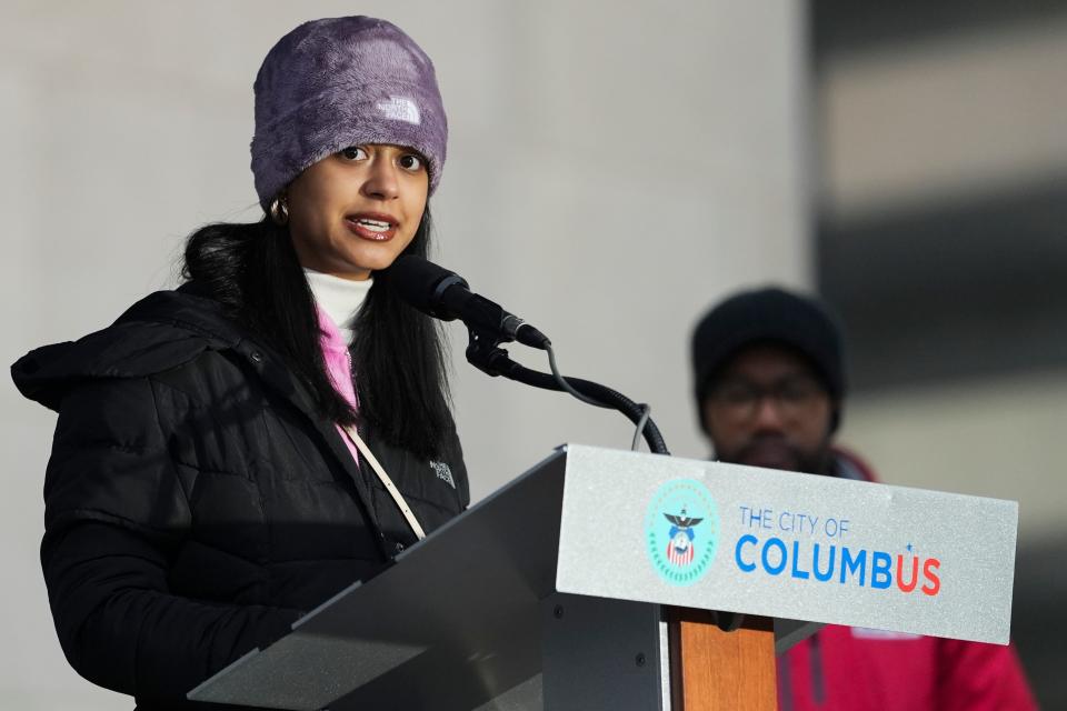 Helena Savannah, a senior at Pickerington Central High School, was one of two students who won an oratorical contest in December that allowed them to join city officials on Monday in delivering prepared remarks during the annual MLK March in Downtown Columbus. The  slate of speakers spoke on social justice issues.