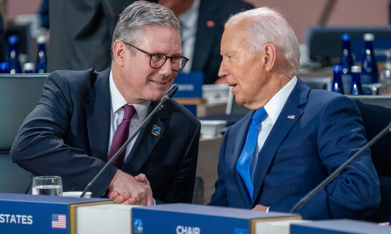 <span>Keir Starmer (left) shaking hands with Joe Biden during the Nato summit in July. He will meet the US president on Friday after a visit to Ireland over the weekend.</span><span>Photograph: Shawn Thew/EPA</span>