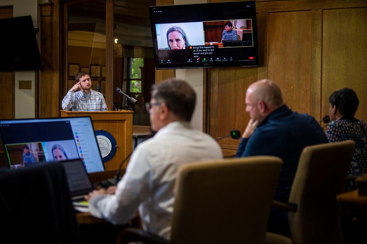 David Wolfe Bender answers questions from the Monroe County Election Board regarding the dispute over his candidacy for the City Council District 6 seat at the Monroe County Courthouse on Thursday, May 18, 2023.