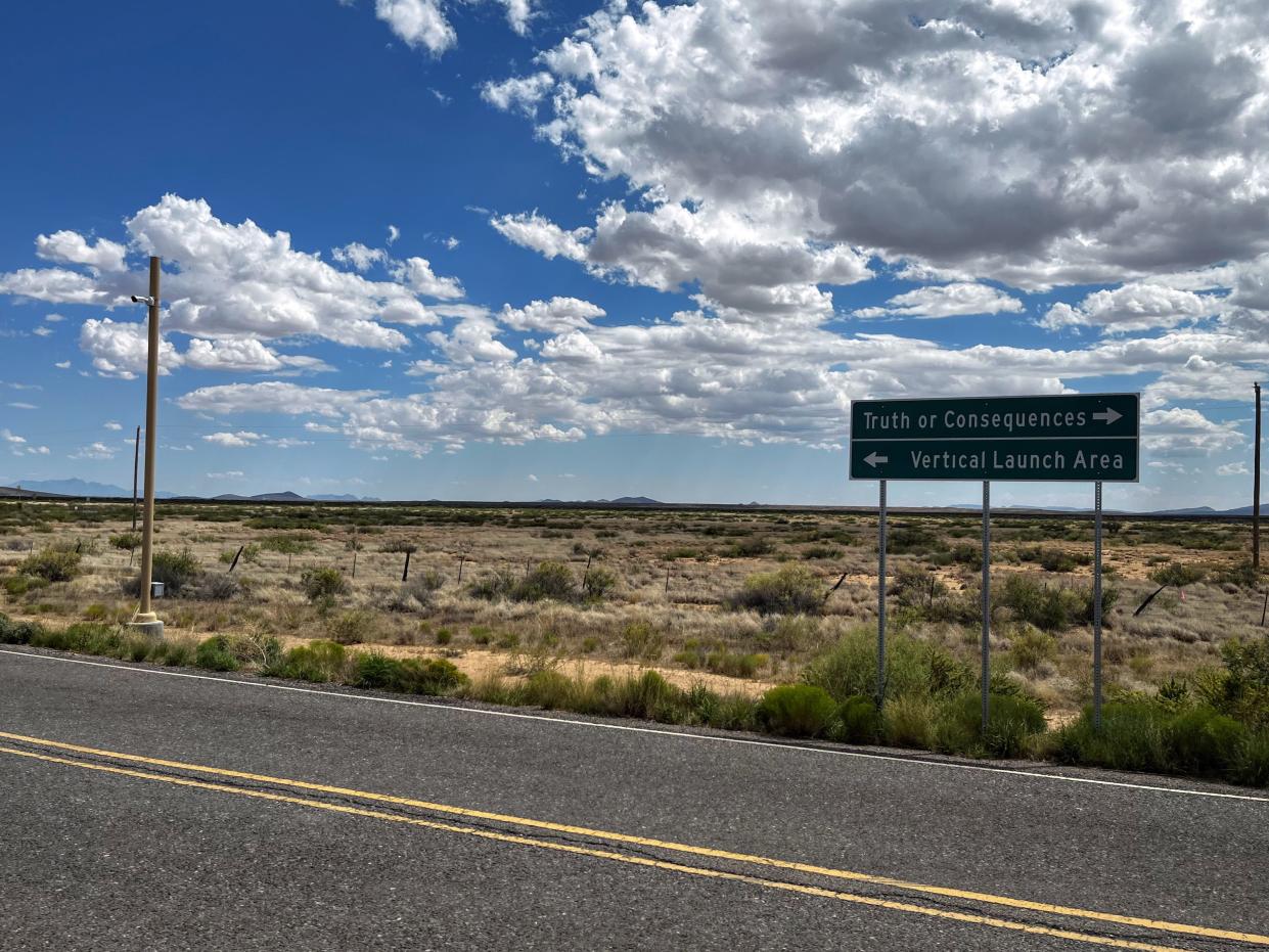 A road sign outside of Spaceport America points towards the site's Vertical Launch Area and Truth or Consequences, N.M. The spaceport is profoundly and purposefully isolated in the New Mexican desert.