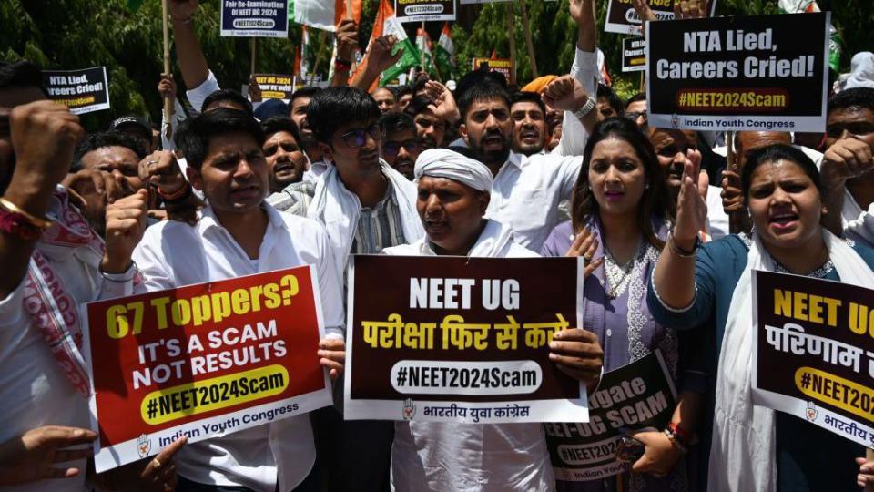 JUNE 9: Indian Youth Congress workers protest against alleged irregularities in the NEET-UG exam, at the IYC office, on June 9, 2024 in New Delhi, India.  The National Eligibility-cum-Entrance Test (NEET-UG) has faced several allegations of irregularities and paper leaks after 67 students topped the exams this year and scored a percentile of 99.997129.  (Photo by Salman Ali/Hindustan Times via Getty Images)