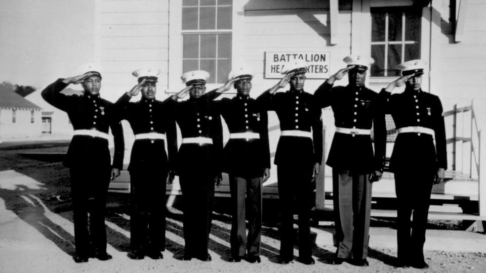 A group of Montford Point Marines in dress blues, circa May 1943. (National Archives)