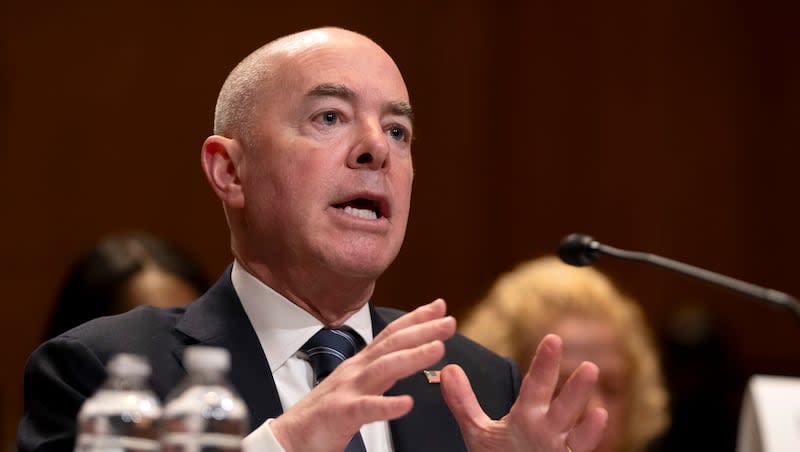 Homeland Security Secretary Alejandro Mayorkas speaks before the Homeland Security subcommittee of the Senate Committee on Appropriations on Capitol Hill, Wednesday, April 10, 2024, in Washington.