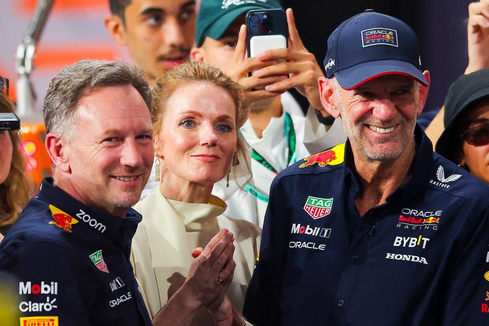 Geri Horner, Red Bull Racing Team Principal Christian Horner and Adrian Newey, the Chief Technical Officer of Red Bull Racing enjoy the podium celebration during the F1 Grand Prix of <a class="link " href="https://sports.yahoo.com/soccer/teams/saudi-arabia/" data-i13n="sec:content-canvas;subsec:anchor_text;elm:context_link" data-ylk="slk:Saudi Arabia;sec:content-canvas;subsec:anchor_text;elm:context_link;itc:0">Saudi Arabia</a>. <em>Getty</em>