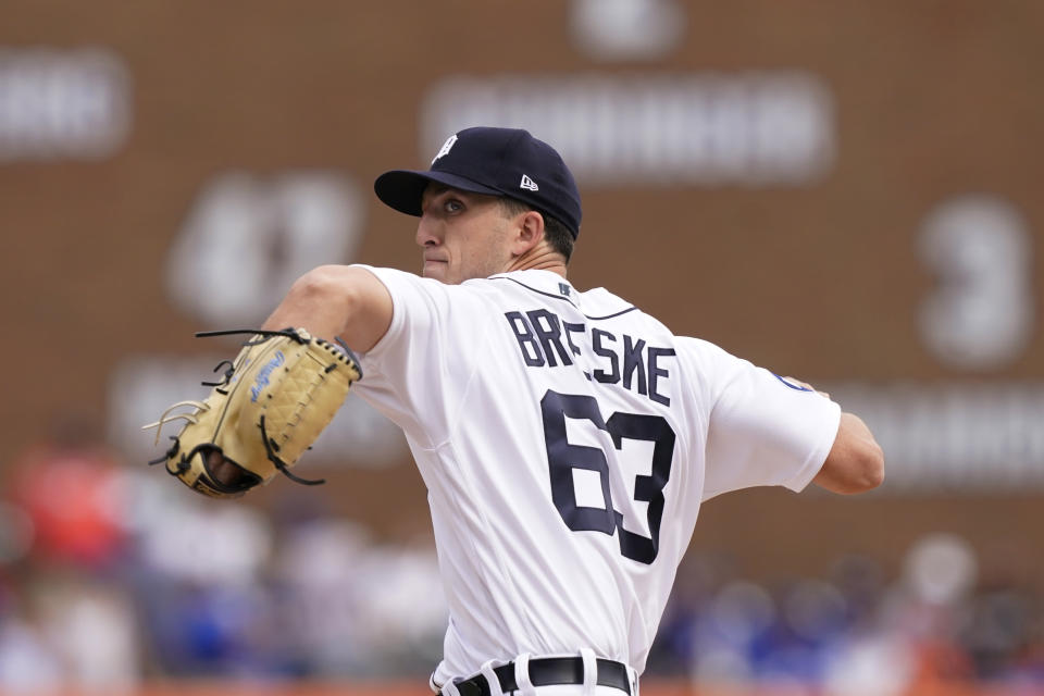 Detroit Tigers starting pitcher Beau Brieske throws during the first inning of a baseball game against the Toronto Blue Jays, Saturday, June 11, 2022, in Detroit. (AP Photo/Carlos Osorio)